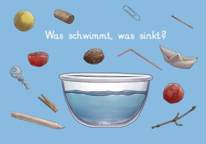Auf blauem Hintergrund sind eine Schüssel mit Wasser und verschiedene Gegenstände abgebildet. Darüber steht: Was schwimmt, was sinkt?