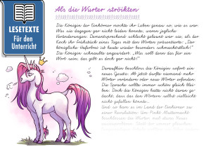 Ein illustrierter Lesetext in verbundener Schreibschrift. Ein Einhorn ist daneben abgebildet.