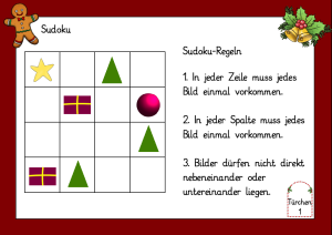 Im Adventskalender für die 1. Klasse findet sich unter anderem das hier abgebildete Sudoku auf rotem Hintergrund.