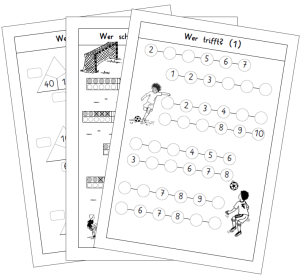 Fußball Mathematik Aufgaben auf 3 überlappenden, aufgefächerten Arbeitsbögen, kindgerecht bebildert.