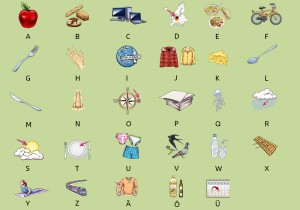 Anlautbilder auf grünem Hintergrund, kindgerecht gezeichnet.