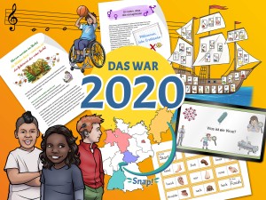 Arbeitsblätter zum Notenlernen und weitere Arbeitsmaterialien collagenartig zusammengestellt auf orangem Hintergrund.