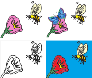 Vier Varianten einer Zeichnung von Bienen und Blumen, bearbeitet mit verschiedenen Methoden der Bildbearbeitung: Umrisse, Farben, Füllen, Hinzufügen ...