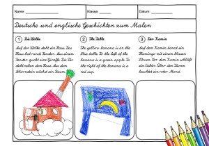 Auf einem Arbeitsblatt sind verschiedene kurze Geschichten zum Malen abgedruckt, darunter befinden sich mehr oder weniger passende Kinderzeichnungen.