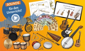 Eine Abbildung verschiedener Orchesterinstrumente und passender Symbole auf orangem Hintergrund. Auch Zupf- und Streichinstrumente sind dabei.