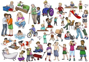 Viele bunte Illustrtionen auf weißem Hintergrund, die Verben für die Grundschule veranschaulichen.